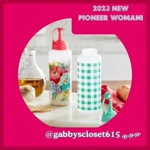 💋 New Pioneer Woman (2) Sweet Romance & Teal Check Plastic Dispenser Bottles